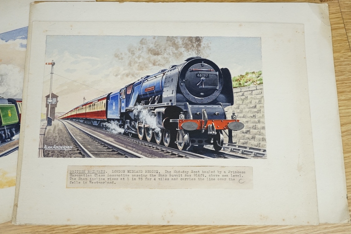 Alan Anderson, set of four original watercolours for postcard designs, vintage steam trains, to include British Rail Britannia Class No 70008 Black Prince, Coronation Class No 46259, City of Salford and Merchant Navy Cla